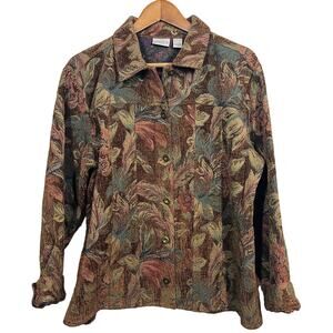 Chico's Needlepoint Button Front Jacket Brown Red Gold Long Sleeve - 2